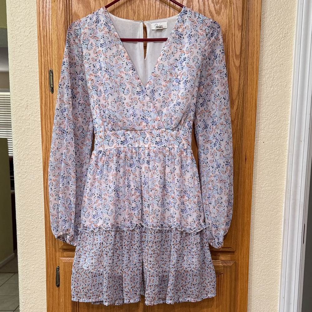 Japna Blue Floral Print Mini Dress Tie Back Ruffle Hem - Size Medium